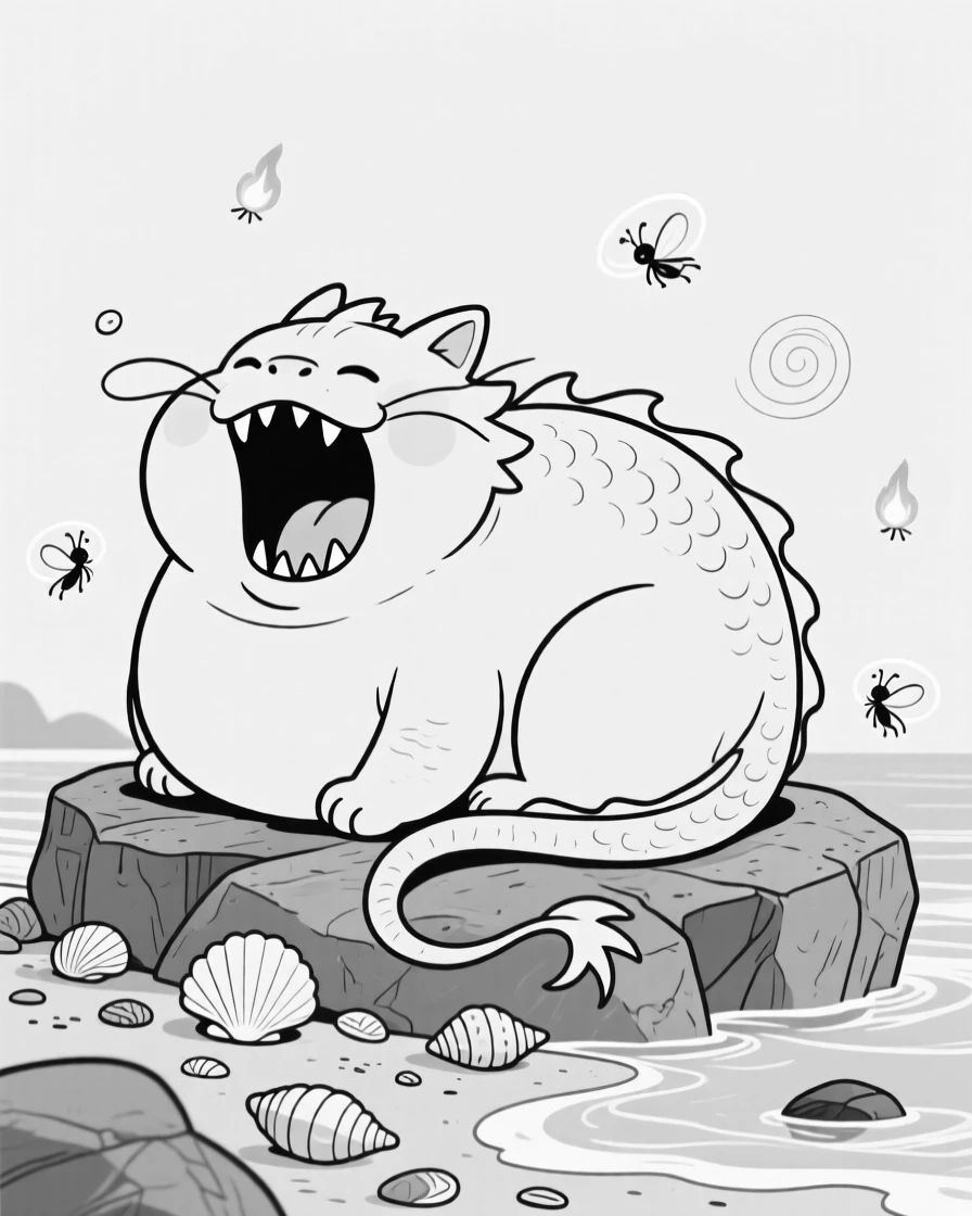 A round-bellied dragon curled up like a sleepy cat, yawning wide enough to reveal a mouth full of crooked teeth, set on a rocky shoreline scattered with shells. Fireflies swirl in lazy spirals nearby. It's a whimsical moment that feels both magical and silly.