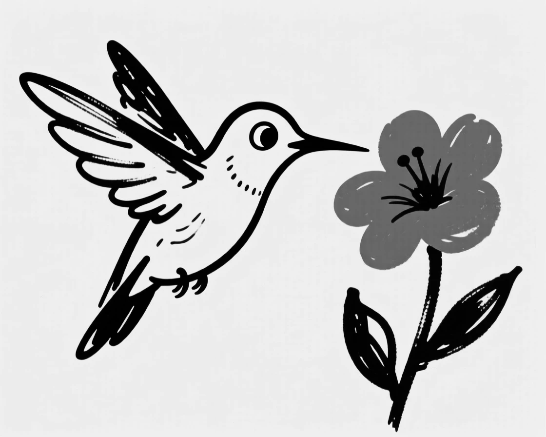 A hummingbird hovering delicately beside a bright red flower, wings a blur.