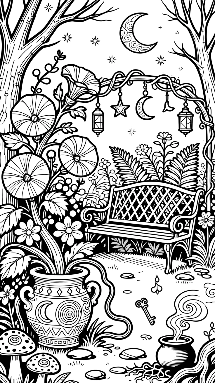 A witch's garden of nightshade, moonflowers, and twisted vines.