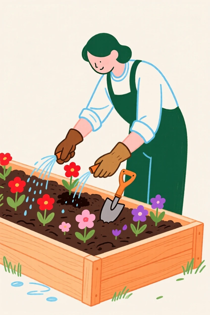A gardener planting flowers in a raised garden bed.