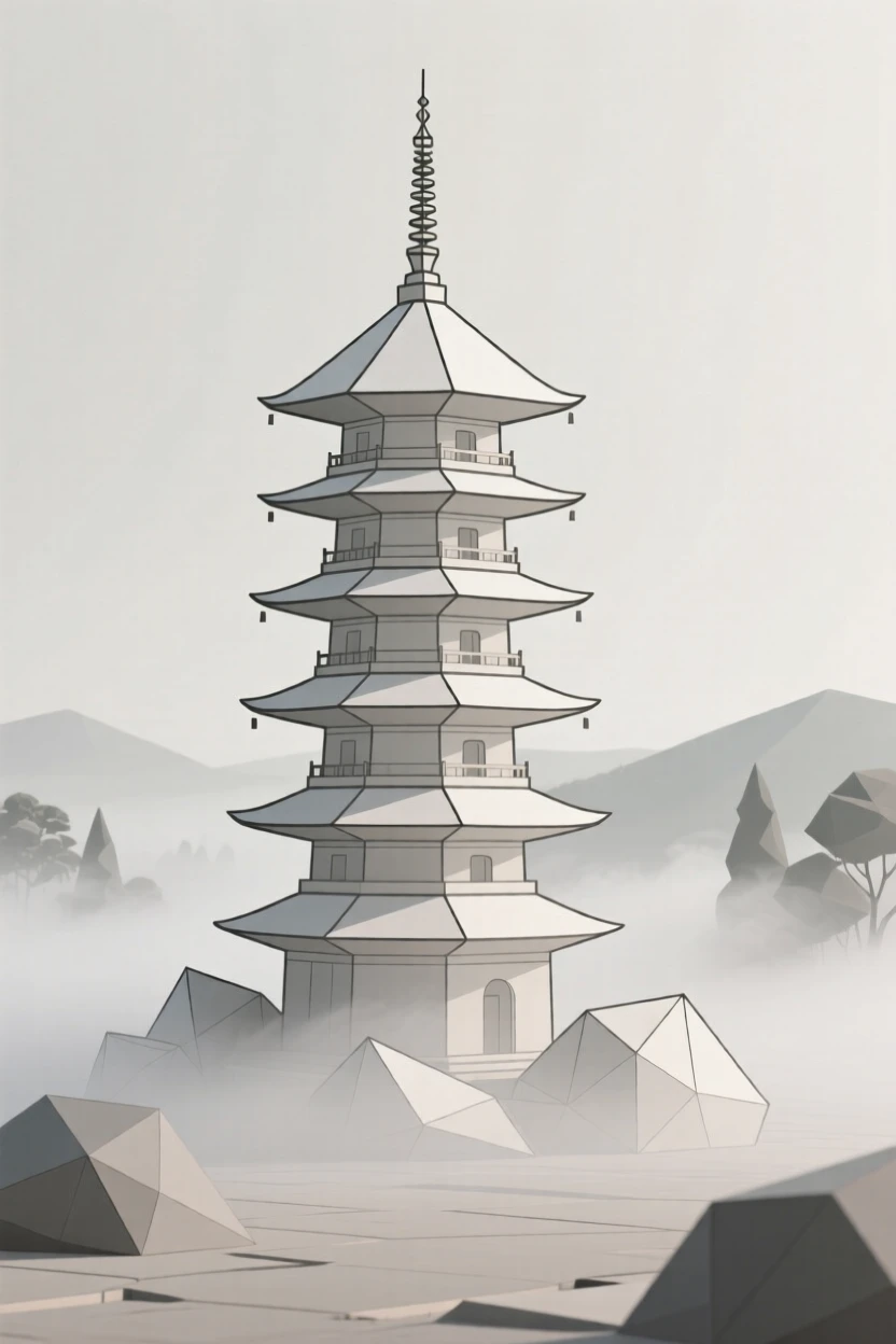 A pagoda temple rising through morning mist