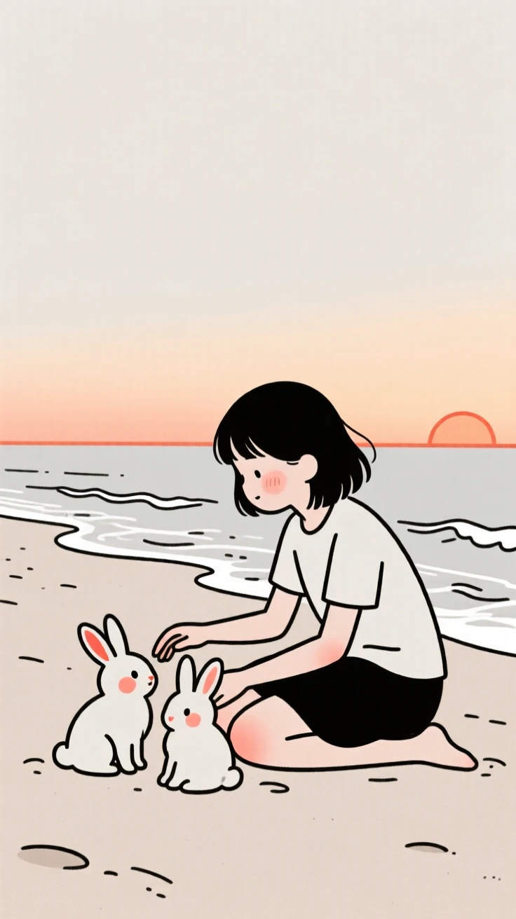 A teenage girl with a pair of bunnies, on a sandy beach at sunset.