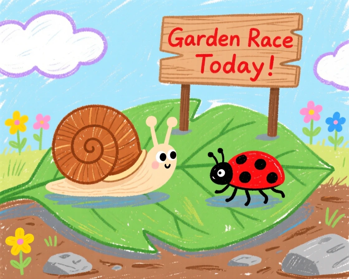 A snail racing a ladybug across a garden leaf.