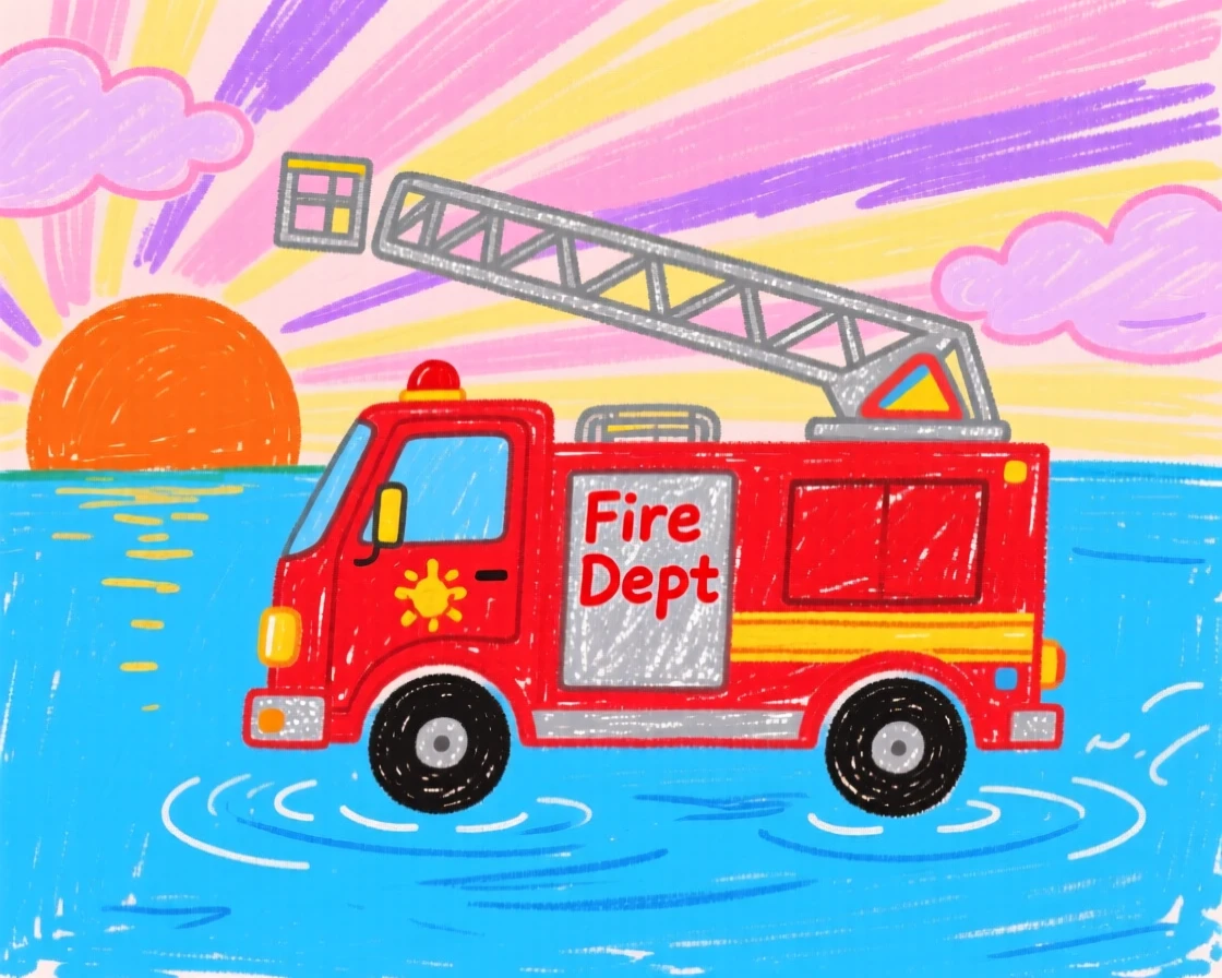A shiny fire engine ladder truck gliding over a quiet lake at sunset.