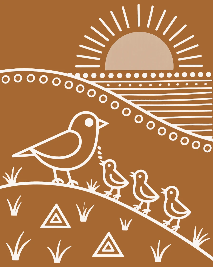 A mother bird feeding her chicks grazing on a hillside at sunset.