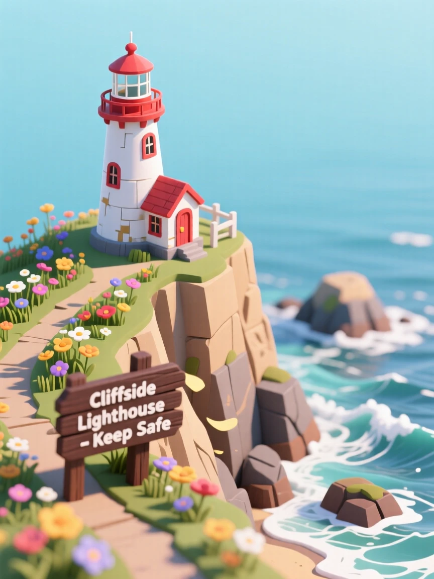 A windswept coastal cliff covered in wildflowers, waves crashing far below, and a lighthouse standing at the edge of the point.