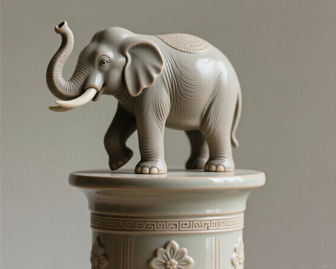 An ornamental elephant with an upraised trunk for luck posed elegantly atop a decorative pedestal, accented with subtle, tasteful ornamentation, conveying calm, tasteful sophistication.