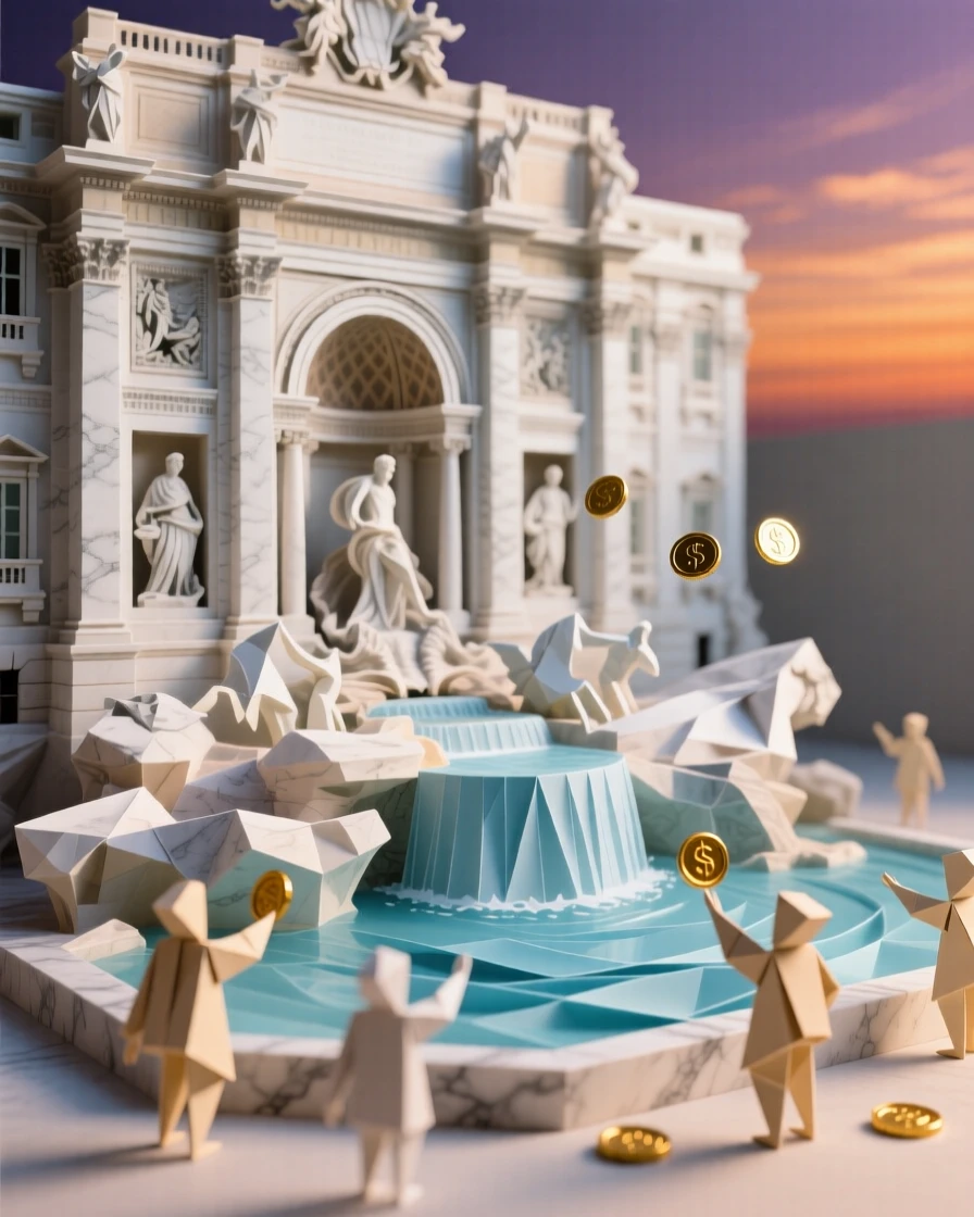 The Trevi Fountain glowing under warm evening light with tourists tossing coins.
