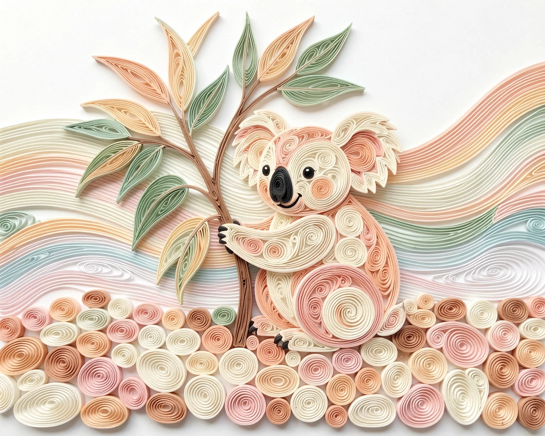 a plump koala hugging a eucalyptus branch on a riverbank dotted with smooth round stones, in warm pastel tones of peach, cream, and soft pink, arranged with the subject slightly off-center for balance.
