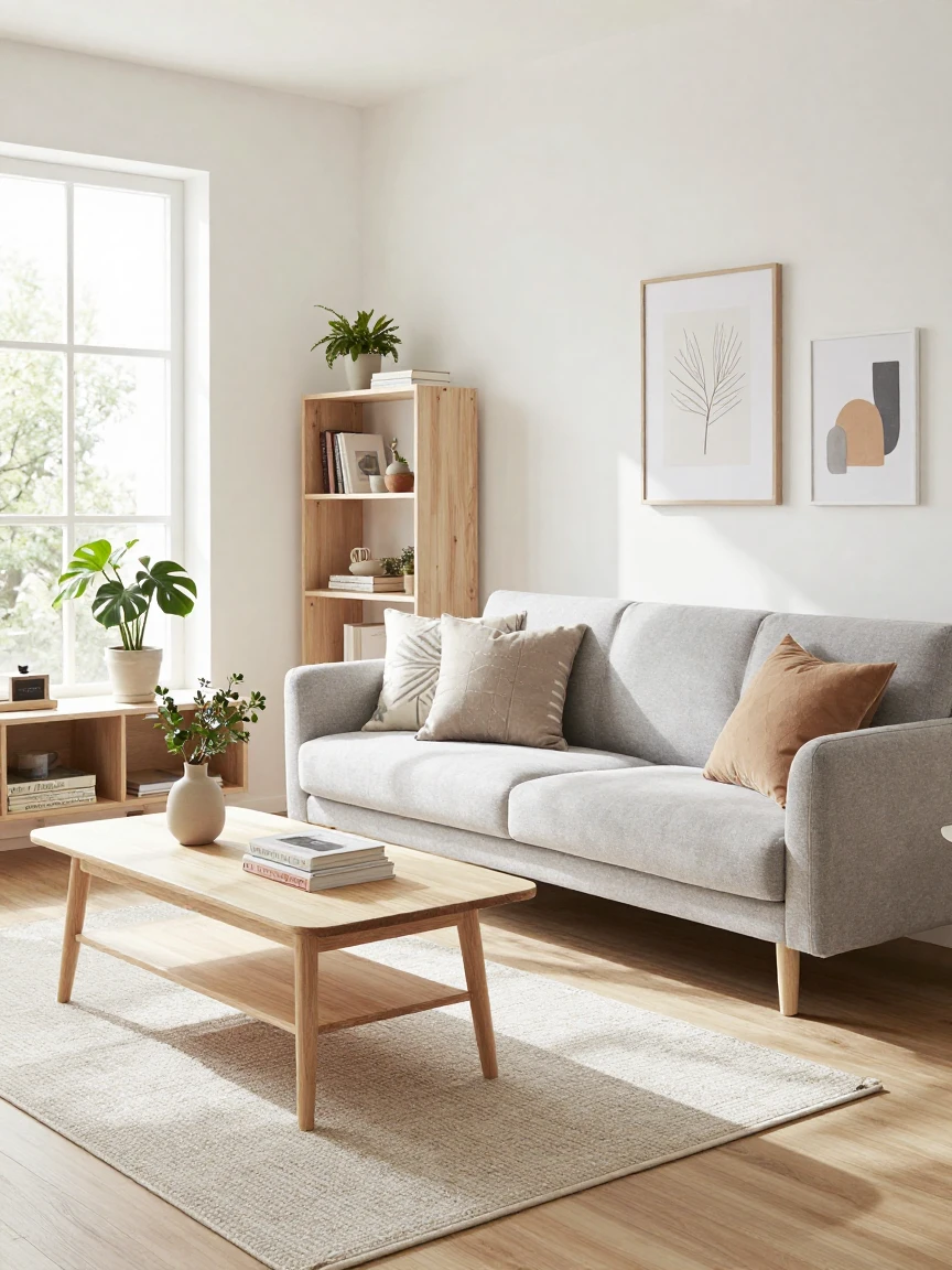 A Scandinavian-style living room with light wood and neutral tones