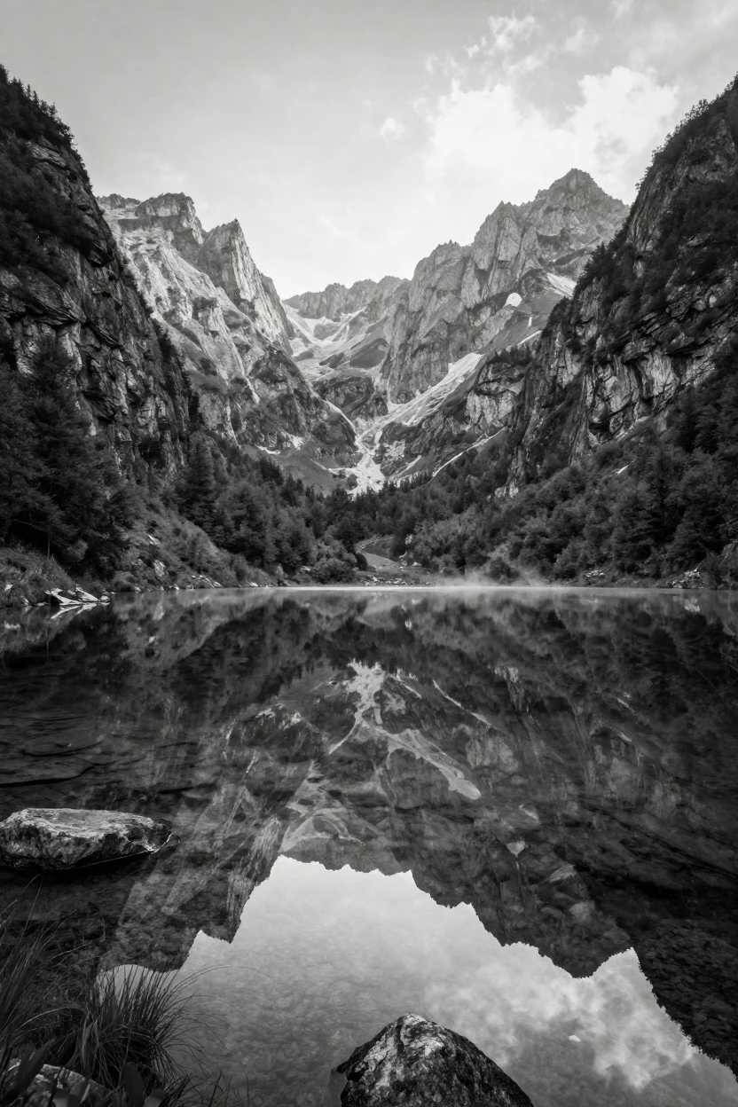 A crystal-clear lake reflects the surrounding peaks perfectly in a secluded wilderness valley.
