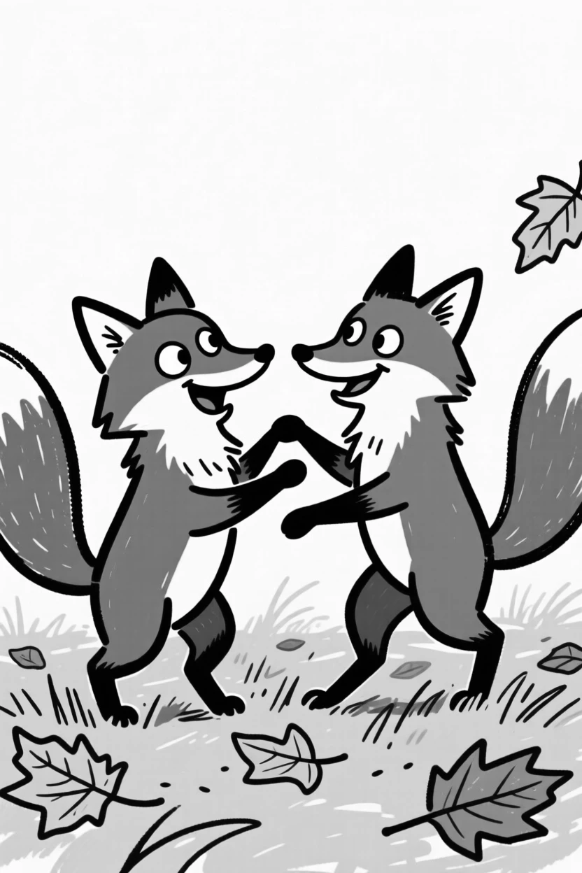 A pair of red foxes playing together in a field of golden autumn leaves.