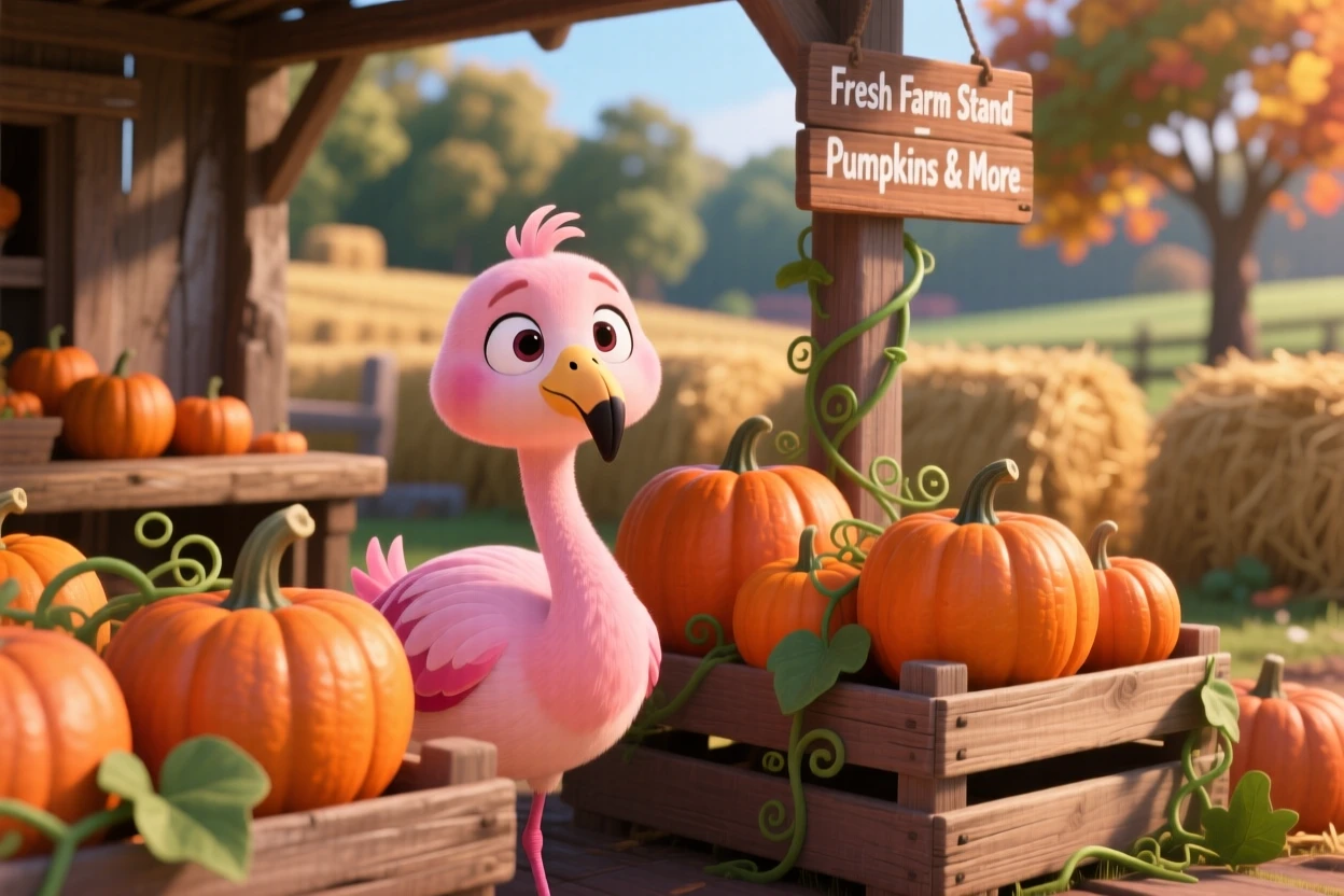 A baby flamingo is hiding among rows of pumpkins at a farm stand, wiggling its ears at a sound. A quiet, comforting sweetness surrounds the scene, with soft shadows framing the scene.
