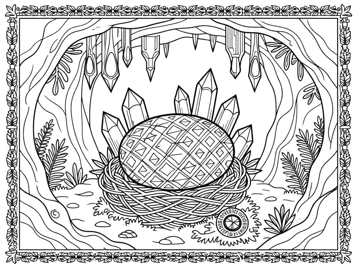 A dragon egg nestled among crystals in an underground cavern.