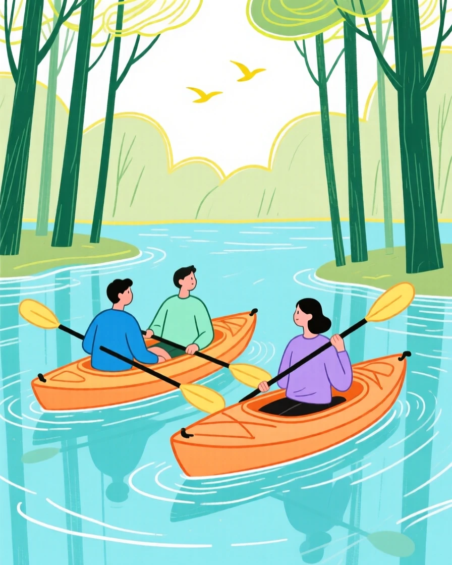 A group of friends kayaking on a calm forest river.