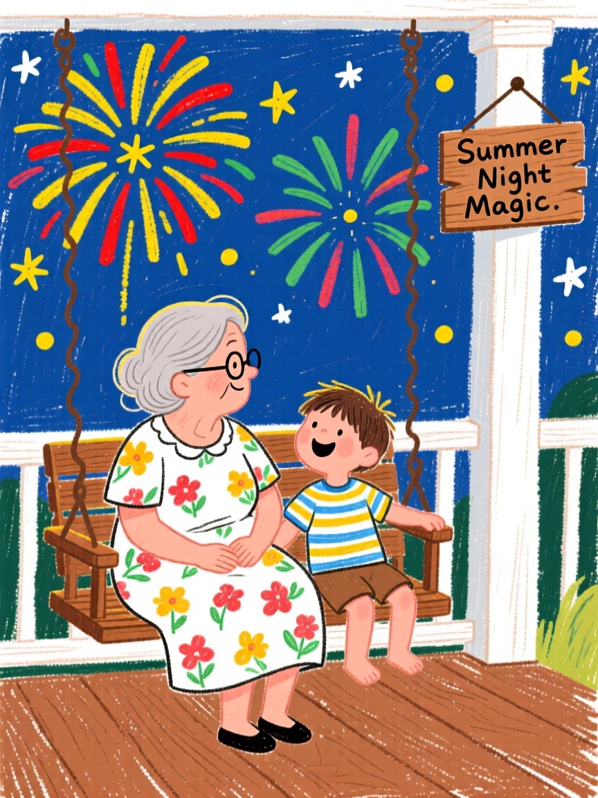 A grandmother and her grandchild watching fireworks together from a porch swing.