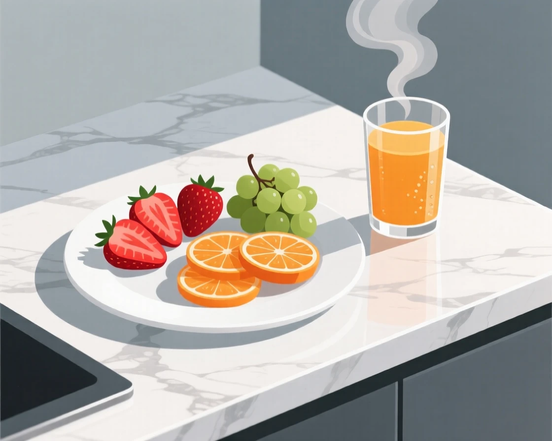 A morning breakfast spread with fresh fruit and orange juice, arranged on a marble countertop with clean lines, captured from a comfortable eye-level perspective, with subtle steam rising to add a warm, lived-in feel.