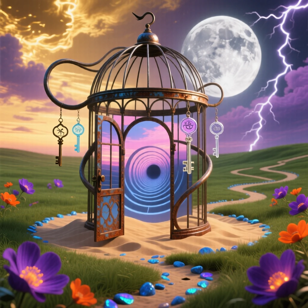 A giant birdcage resting empty in the middle of a quiet meadow rests half-buried in drifting golden sand, while tiny paths have been worn into the ground around it.