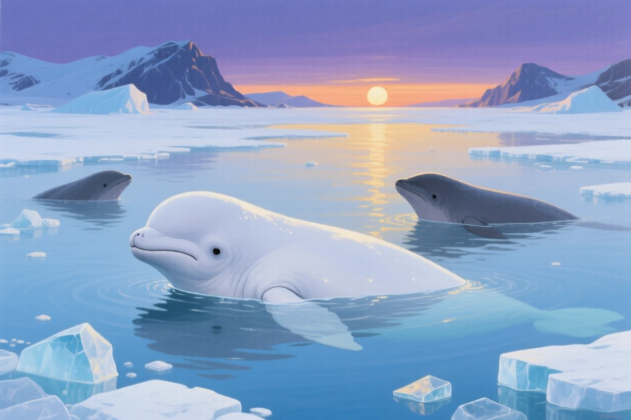 A beluga whale surfaces gently in the icy waters of the Arctic, its pure white body and rounded head breaking the still surface beneath the midnight sun, other members of its group visible nearby, reinforcing the social nature of the scene.