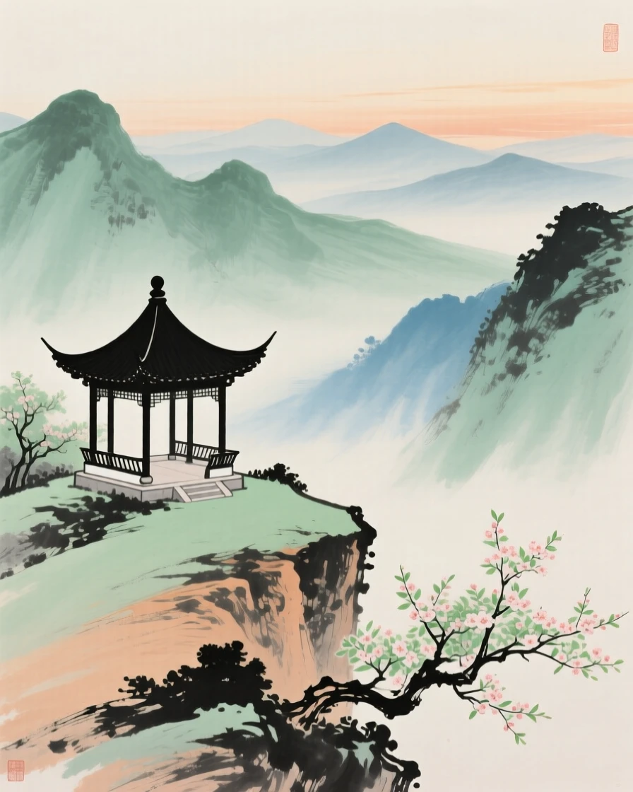 An empty pavilion overlooking mountains fading into evening haze, carrying a mood of wistful nostalgia, in a warm breeze carrying the scent of blossoms, as spring blossoms unfold.