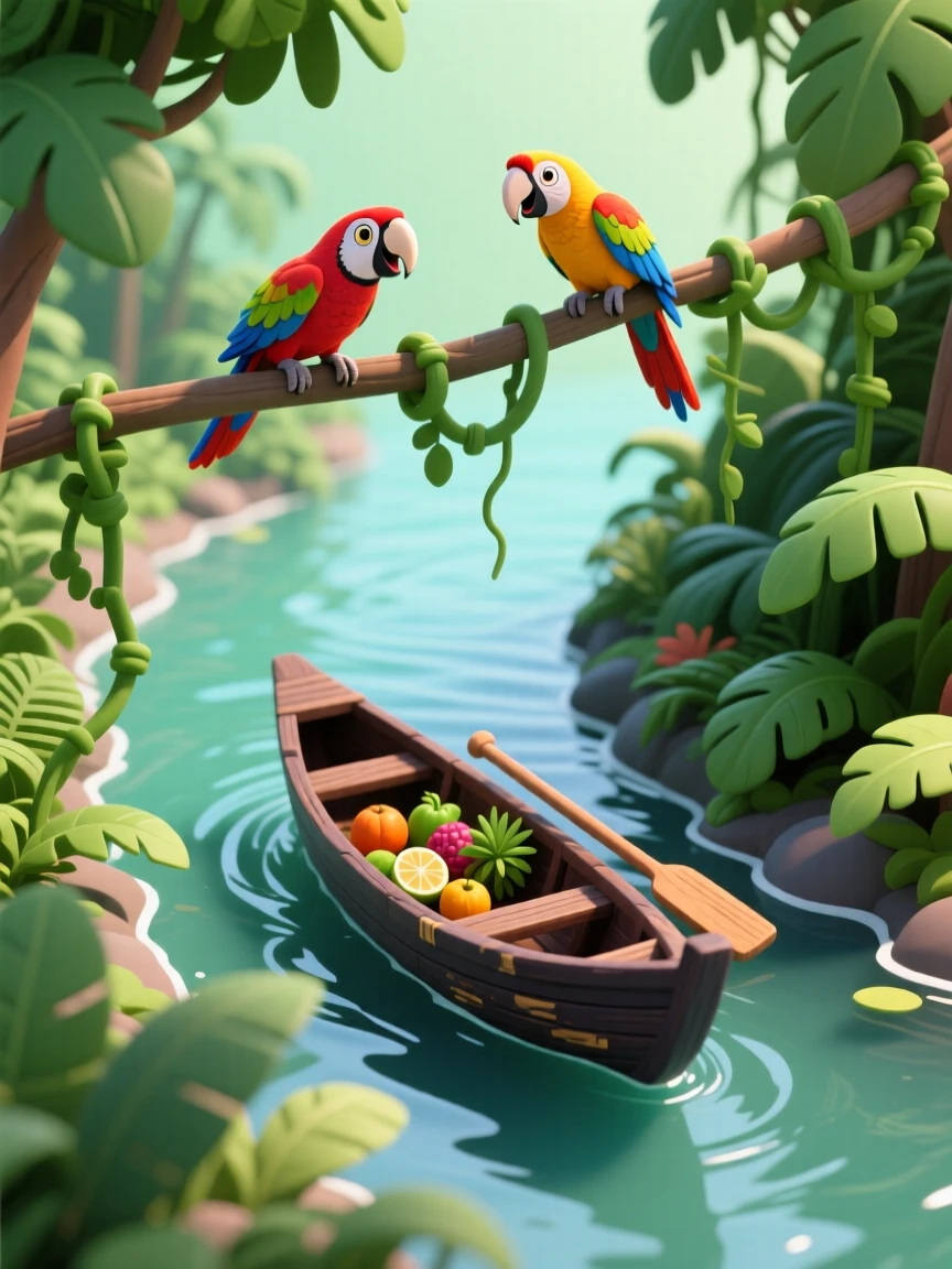 A dense jungle river with a wooden dugout canoe gliding past hanging vines, parrots calling from the canopy above.