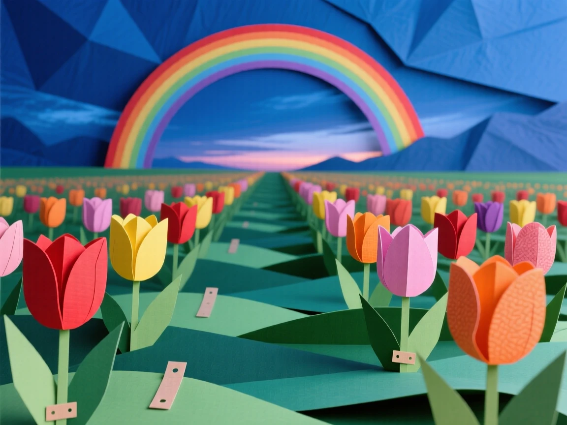 A field of tulips stretching to the horizon in the deep blue hour after dusk, with a faint rainbow arching across the sky, capturing the fleeting beauty of the changing season.