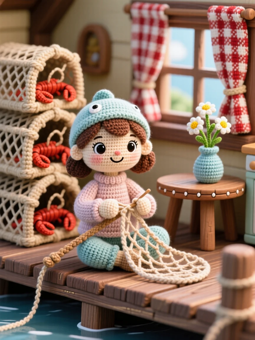A charming scene of a cheerful fisherman's daughter mending a small net, sitting on a dock beside stacked lobster traps inside a cozy cottage kitchen with checkered curtains; a small vase of wildflowers on the table adds to the moment, full of bright-eyed enthusiasm for a beloved craft.