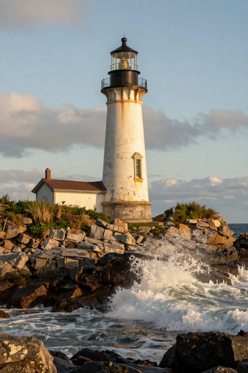 An old lighthouse standing on a rugged coastline