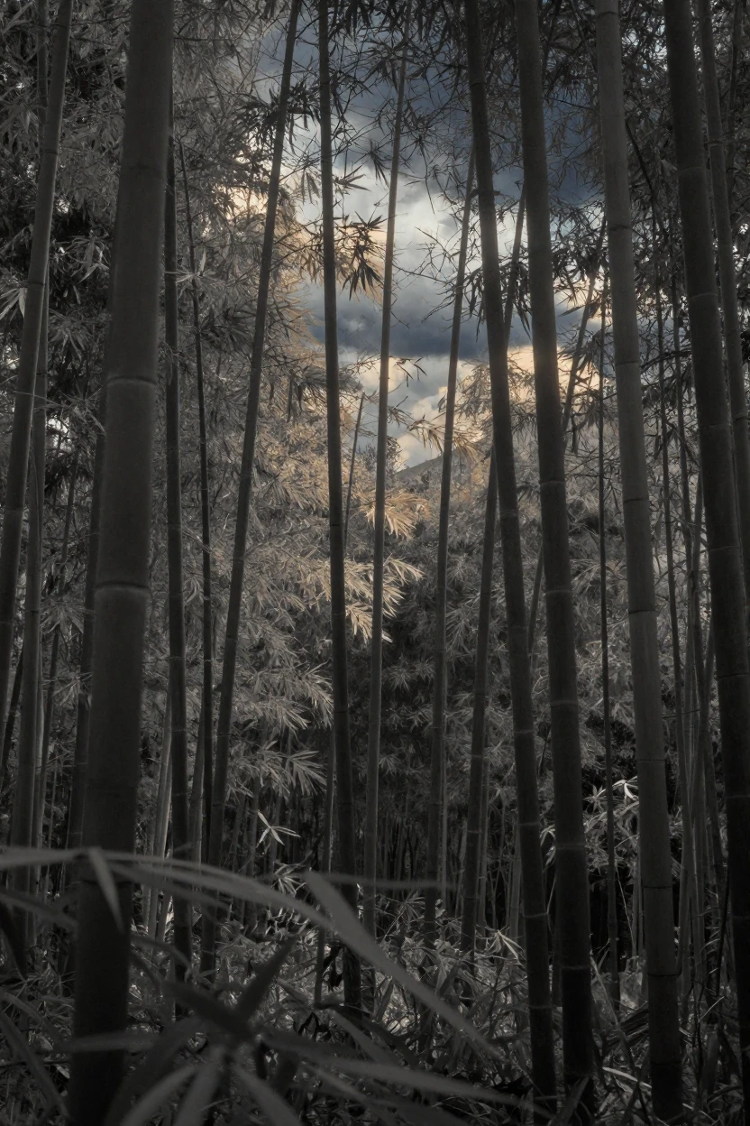 A dense bamboo grove with light filtering between tall green stalks, in soft window light, under a darkening storm sky, in the depths of winter, with stark black-and-white contrast softened by a single warm hue, peering through foliage in the foreground.
