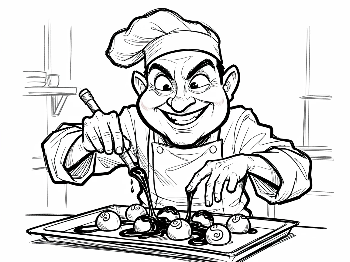 [Occupations & Hobbies] Detailed scene of a passionate chocolatier drizzling chocolate over fresh truffles, showcasing skill and dedication
