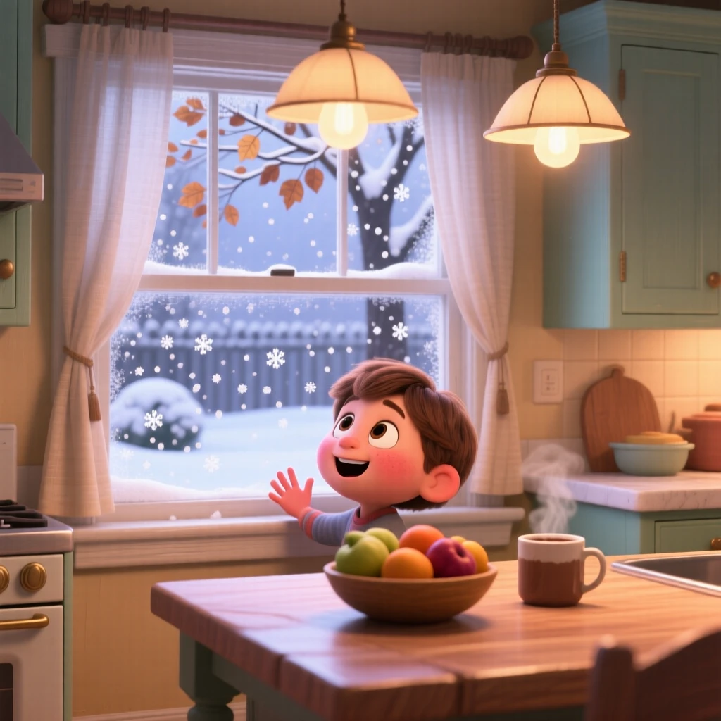 A child seeing snow for the first time unfolds inside a warmly lit family kitchen, with a gentle breeze rustling nearby leaves. A heartfelt sense of happiness fills the moment.