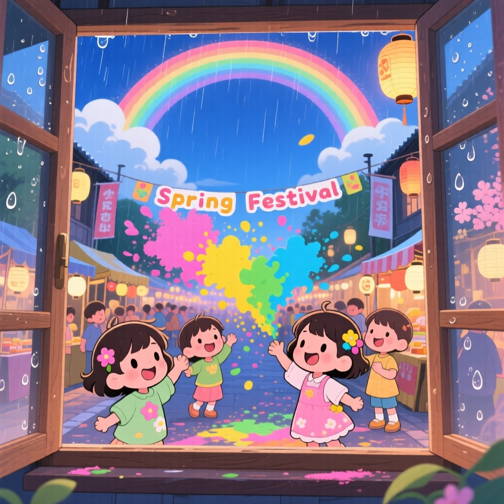 Framed through a window of children, celebrating with colorful powder during a spring festival, in a vibrant festival street, under a rainbow after the rain, illuminated by cool blue twilight glow, radiating warm affection.
