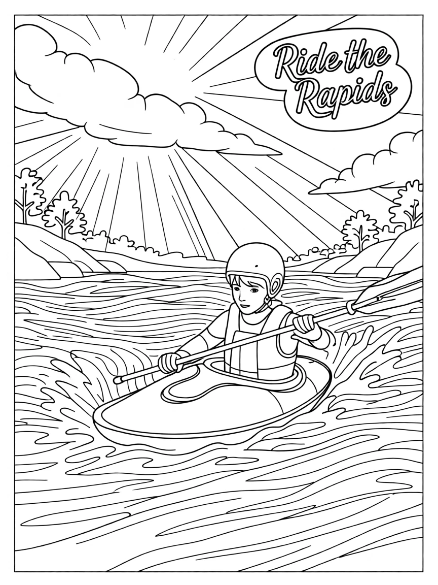 A whitewater kayaker paddling through churning rapids, with sunlight breaking dramatically through the clouds.