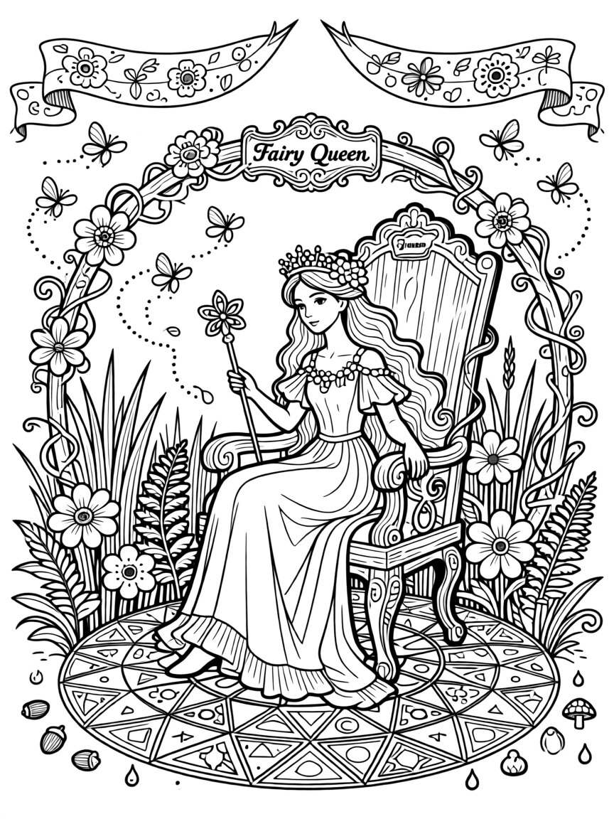 A fairy queen crowned with woven flowers and glowing fireflies.