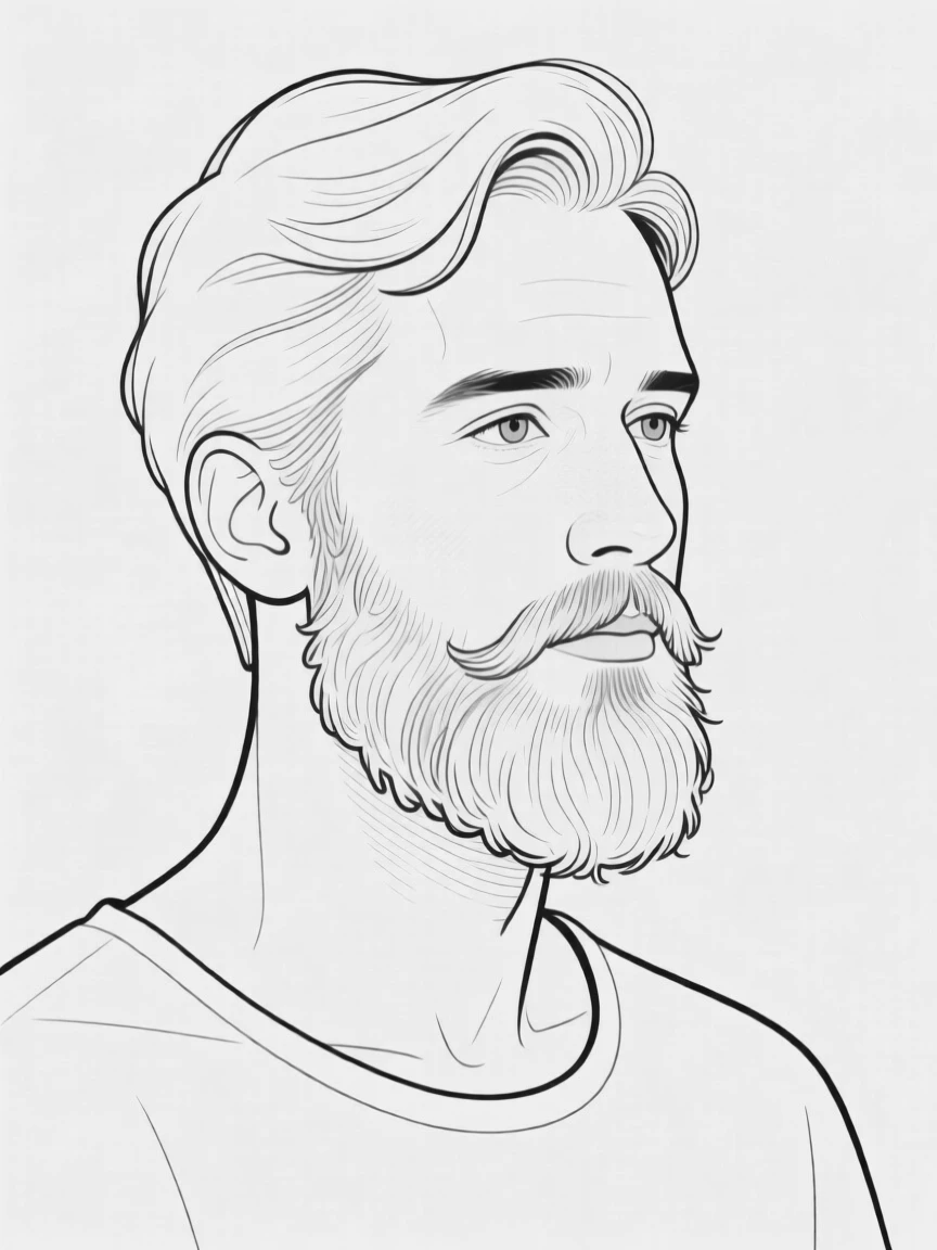 A portrait of a man with a beard and thoughtful expression