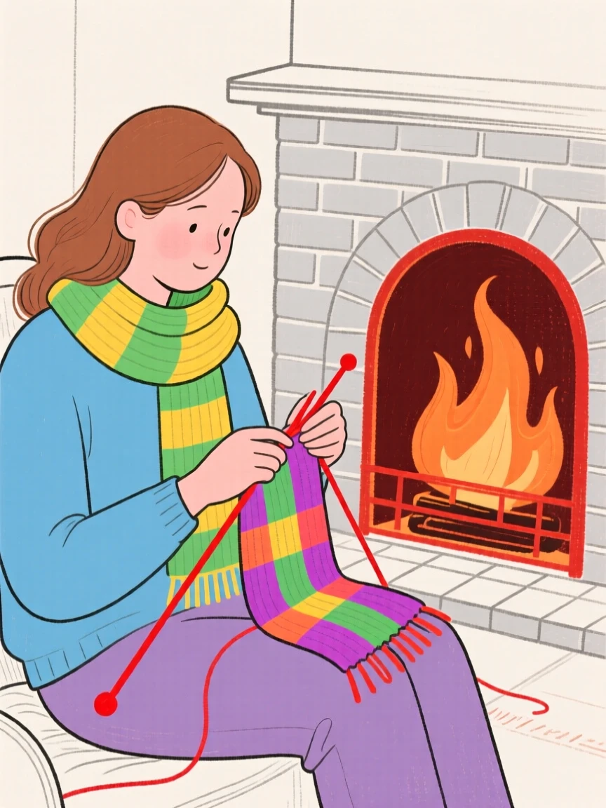 A knitter working on a colorful scarf by a fireplace.