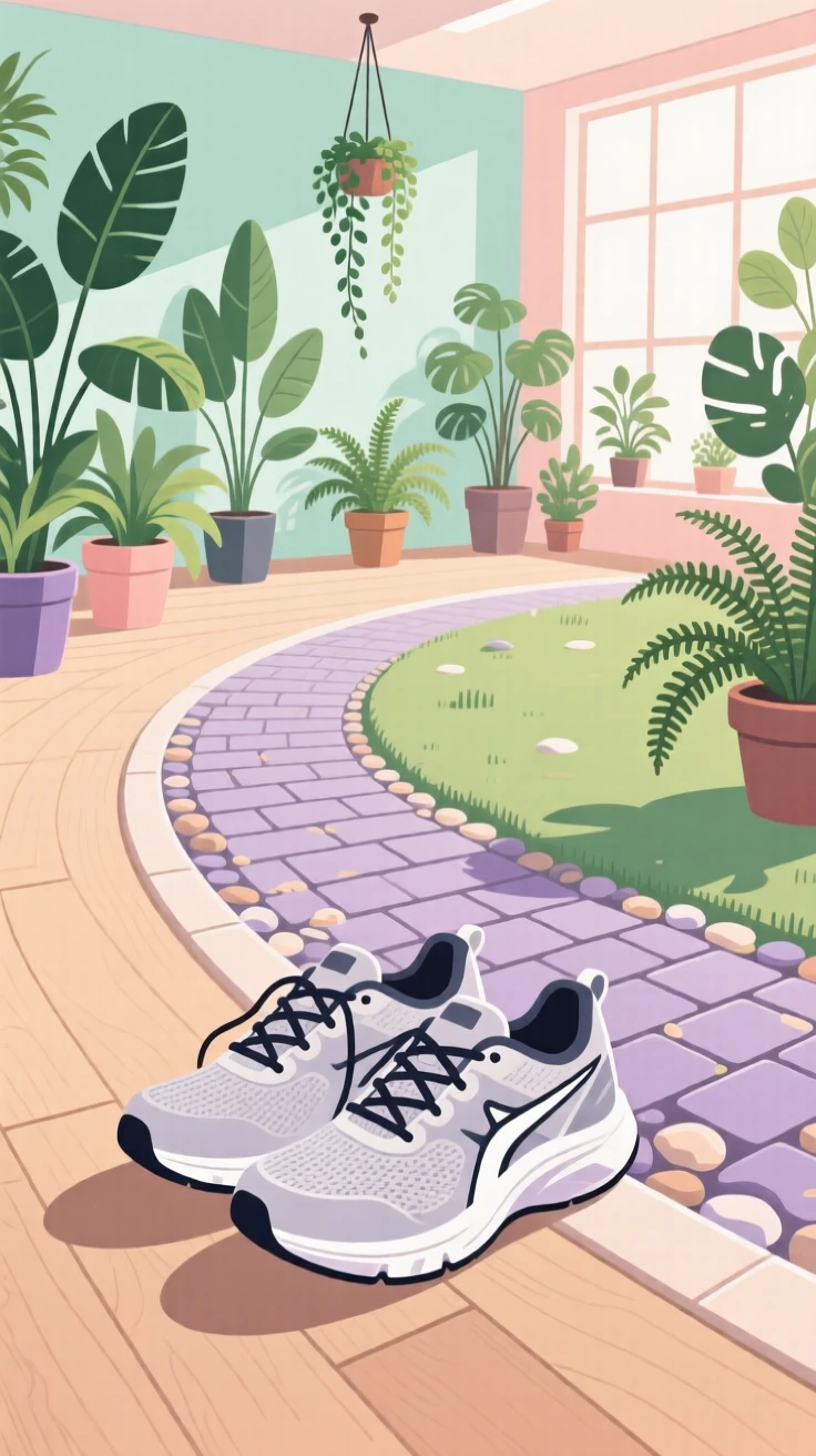 A pair of running shoes resting beside a park path, set within a plant-filled room bursting with greenery, shown from a slightly elevated angle for a cozy overview, with gentle pastel tones evoking calm and comfort.
