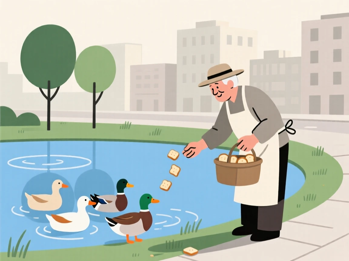 A street vendor feeding ducks at a pond on a quiet weekend afternoon in the city.