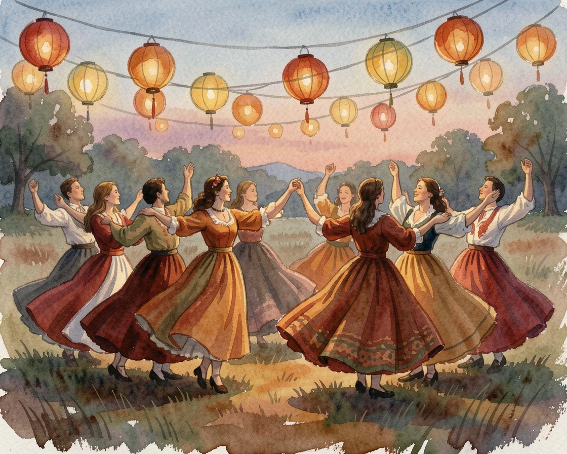 Dancers in traditional dress celebrating a harvest festival with warm lantern light glowing at dusk.