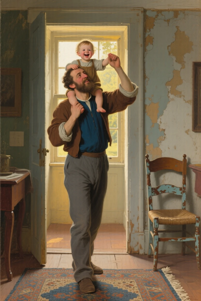 A father lifting his laughing toddler onto his shoulders in a scene glowing with warmth and quiet devotion, set within a cozy home lit by late afternoon sun, with worn, familiar surroundings that speak of years shared together; gentle framing by a doorway or window softens the intimate scene, capturing a fleeting moment worth holding onto forever.