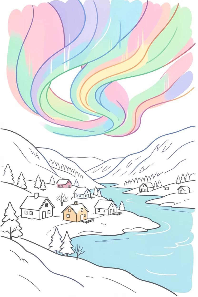 The Northern Lights over a snow-covered Norwegian fjord village.