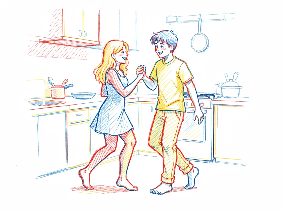 A young couple dancing barefoot in the kitchen while cooking breakfast