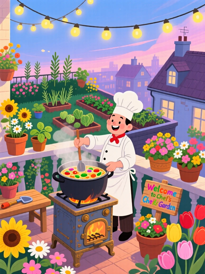 In a flower-filled balcony, a chef stirring a big pot of soup is busy tending a rooftop garden, while string lights twinkle overhead.