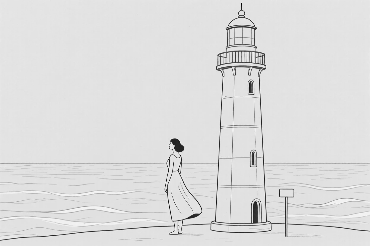 A woman standing at a lighthouse gazing at the sea