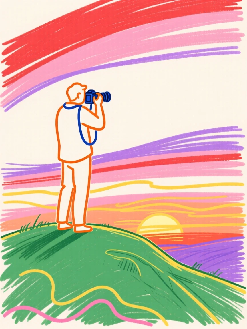 A photographer capturing a sunset from a hilltop.