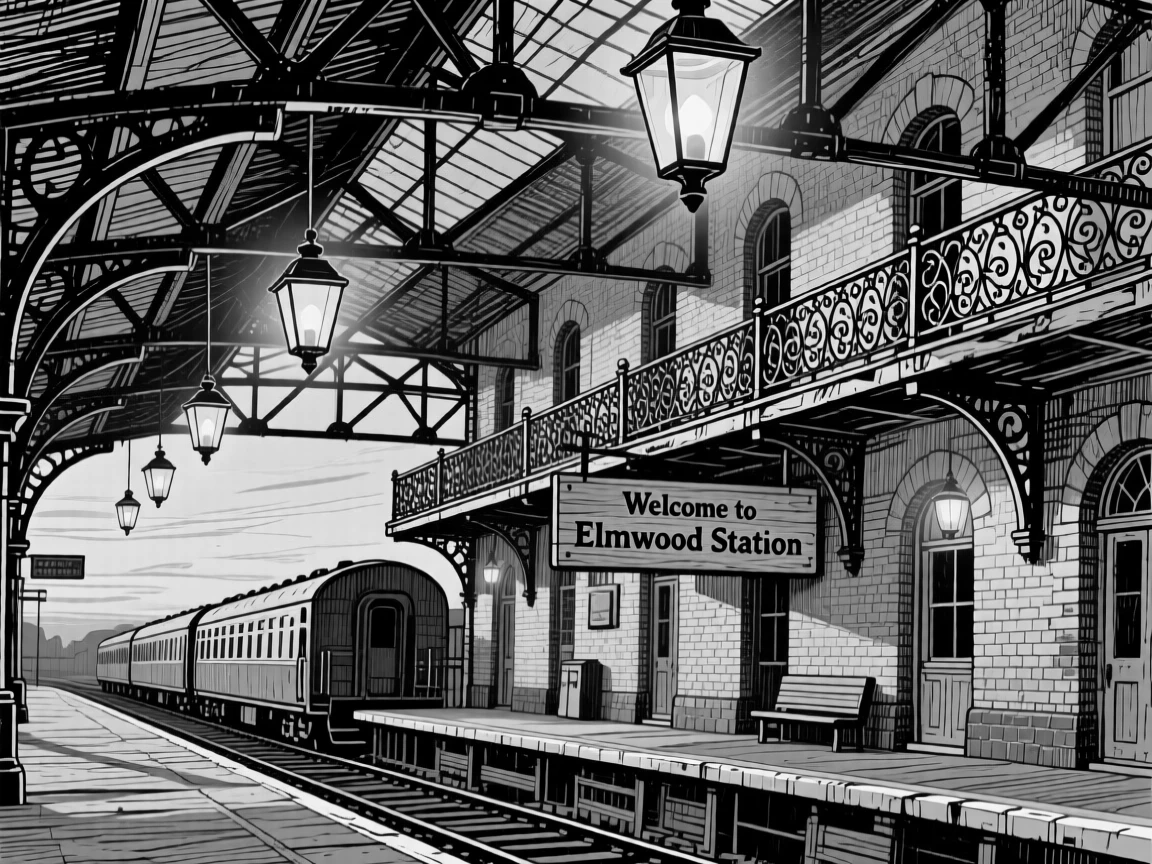 An old train station with iron rafters with lanterns beginning to glow at dusk, featuring wrought-iron balconies overhead, rendered in a warmly nostalgic architectural composition.