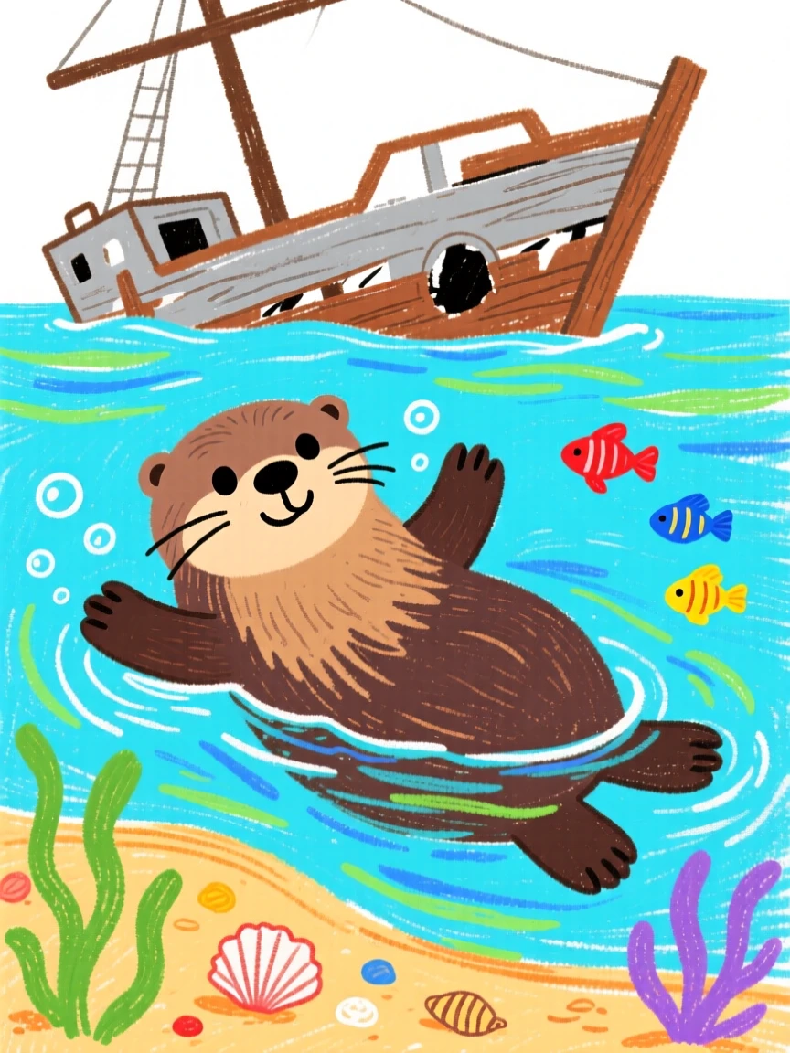 A playful sea otter swimming near a sunken shipwreck.
