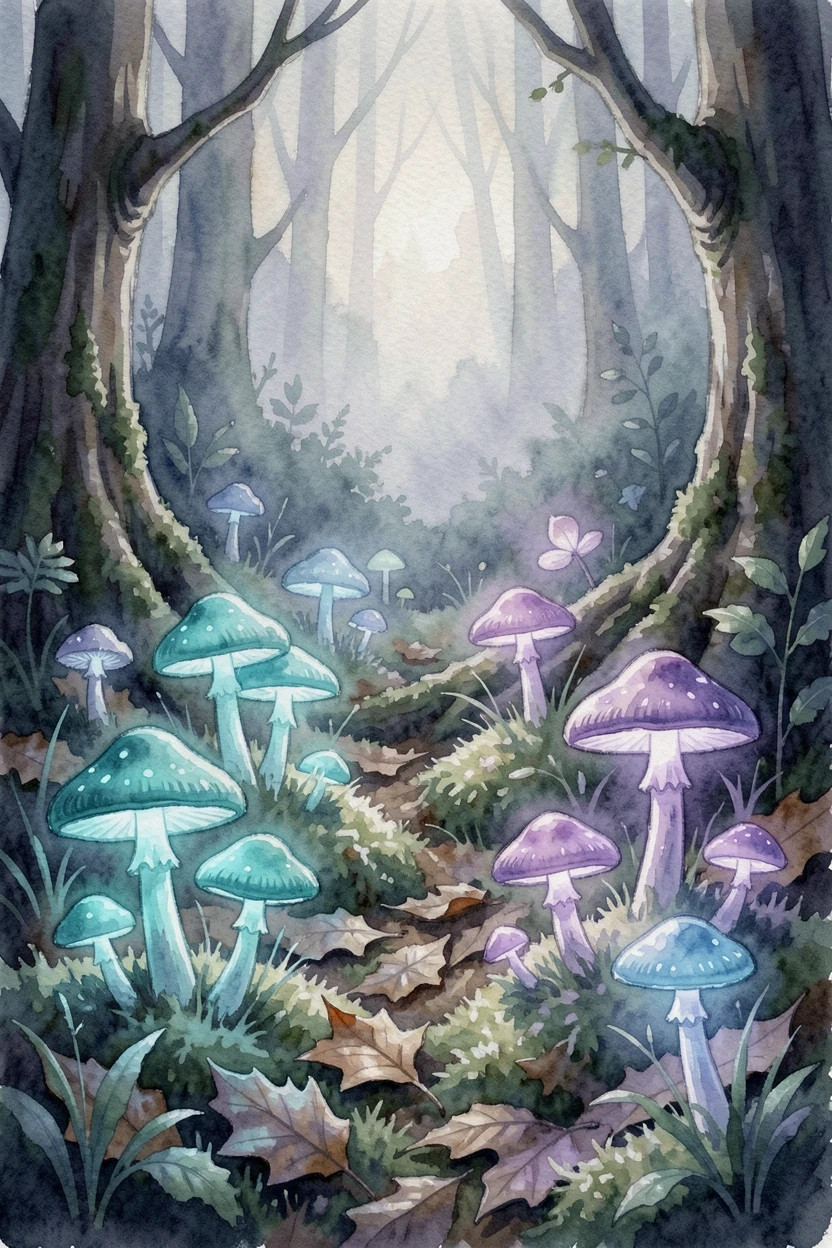 A glowing forest of bioluminescent mushrooms with a gentle magical glow illuminating the scene.