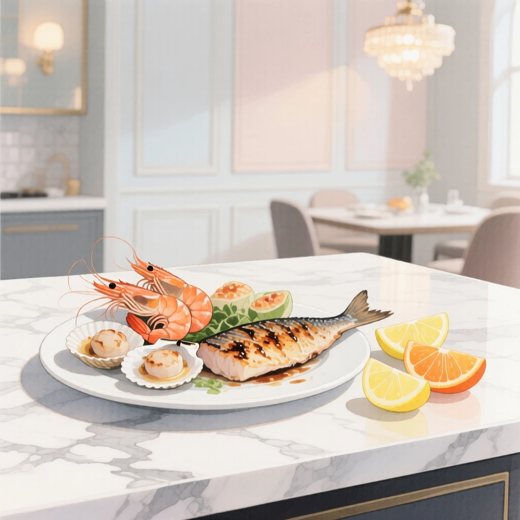 A plate of grilled seafood sits on a marble counter beside citrus slices in an elegant dining room, arranged beautifully for a delightful meal