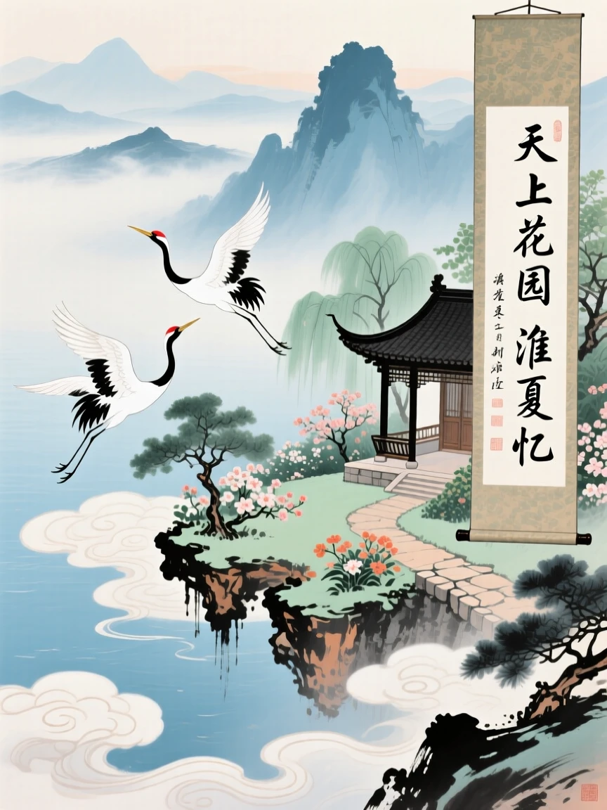 A celestial garden suspended above the clouds, reachable only by cranes, carrying a mood of wistful nostalgia, in the height of summer.